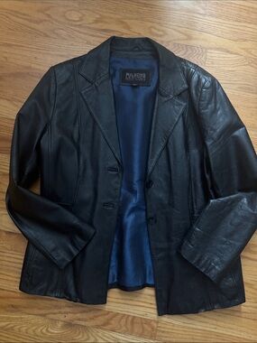 Wilsons Leather Women's Black Leather Blazer with Navy Lining